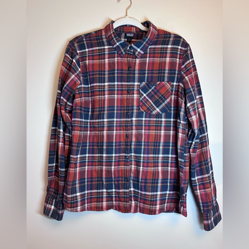 Patagonia Flannel Shirt Women 8 Medium Blue Plaid Long Sleeve Button Up Organic